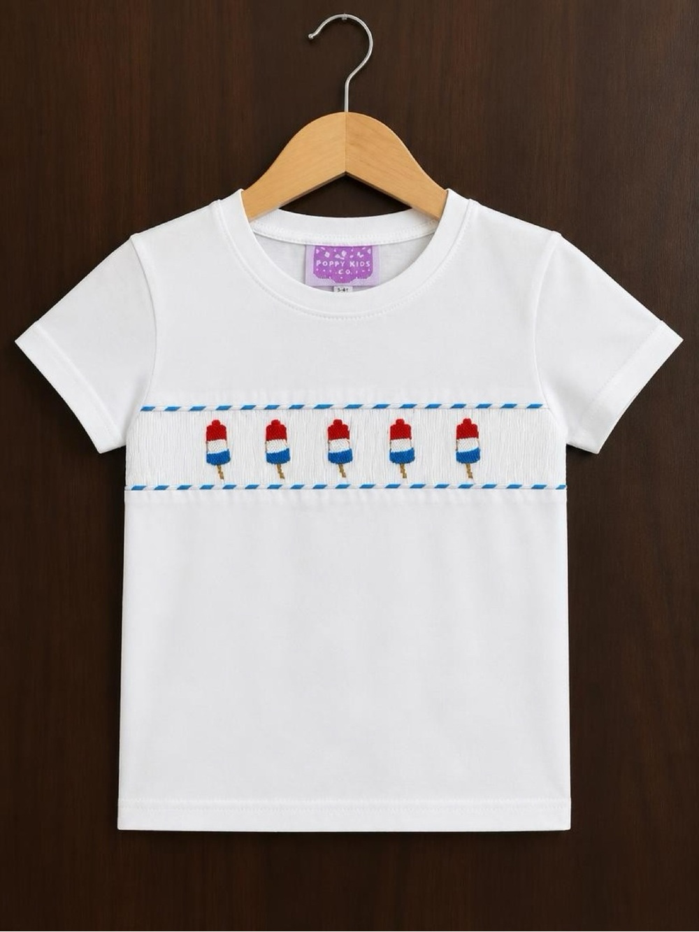 Poppy Kids Co Size 5 Smocked Popsicle Shirt Patriotic Red White Blue Summer Tee